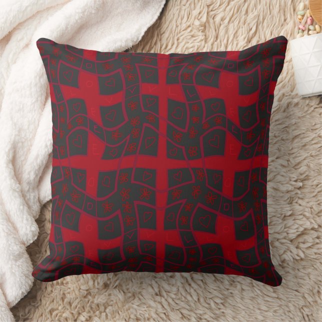 Mazipoodles Floral Love Hearts Check - Black Red Cushion (Blanket)