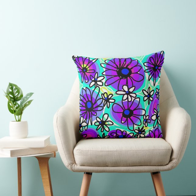 Mazipoodles Love Flowers - Turquoise Purple Black Cushion (Chair)