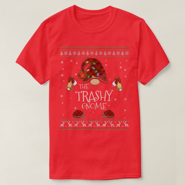 mb Trashy Gnome Buffalo Plaid Christmas Light Ugly T-Shirt (Design Front)