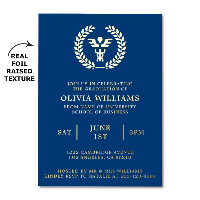 MBA Business Grad Navy Gold Graduation Party  (MBA graduation party invitation with real foil raised texture)