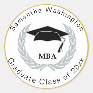 MBA Masters Graduate Cap Silver Wreath Gold Border Classic Round Sticker