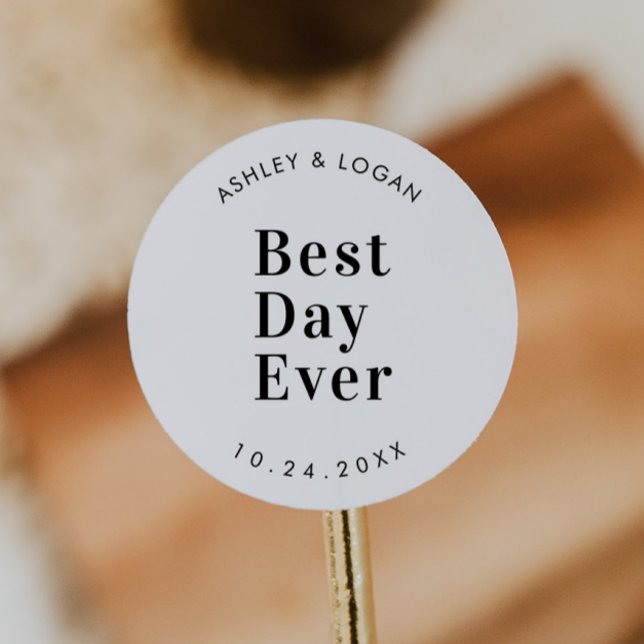 MBest Day Ever Modern Wedding Favour Classic Round Sticker (Creator Uploaded)