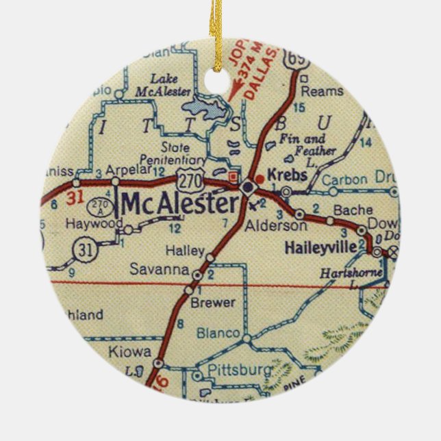McAlester OK Retro Map Ceramic Tree Decoration (Back)