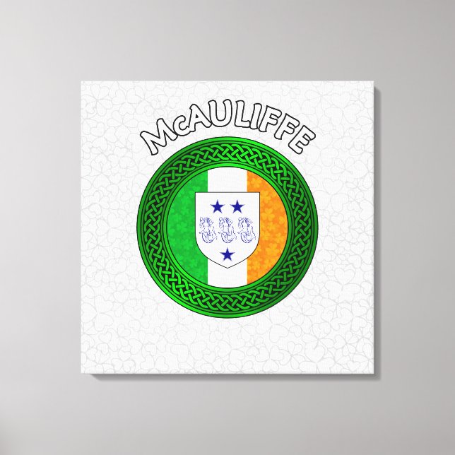McAuliffe Crest & Celtic Knot on Shamrock  Canvas Print (Front)