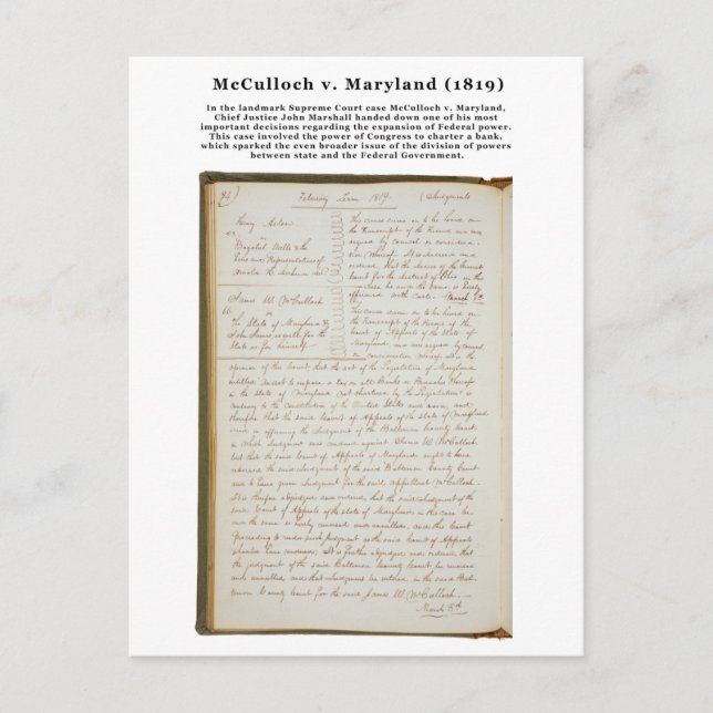 McCulloch v. Maryland, 17 U.S. 316 (1819) Postcard (Front)