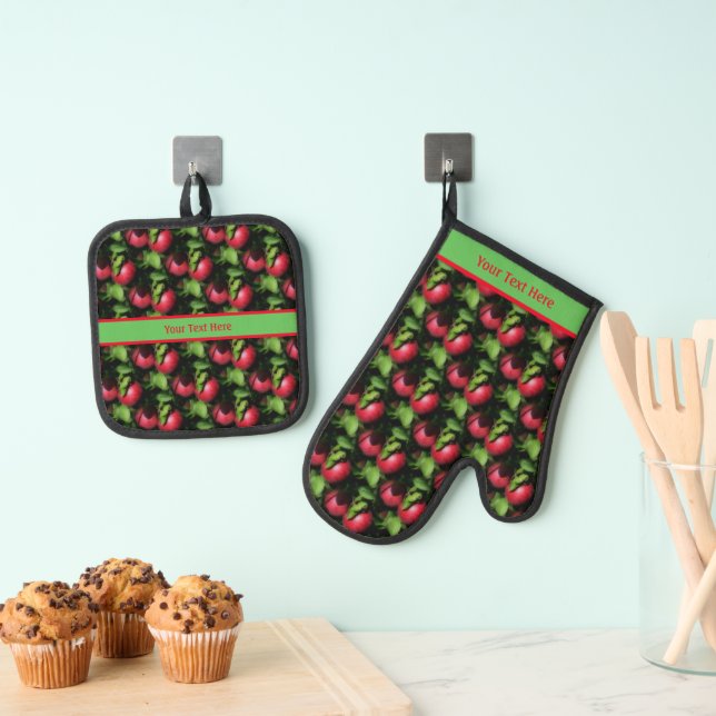 McIntosh Apples Nature Pattern Personalised Oven Mitt & Pot Holder Set (Insitu(Hanging))