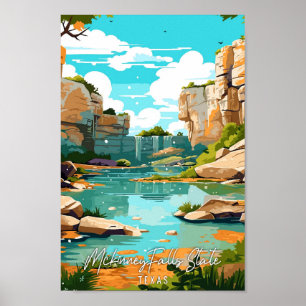 Mckinney Falls State vintage travel illustration Poster