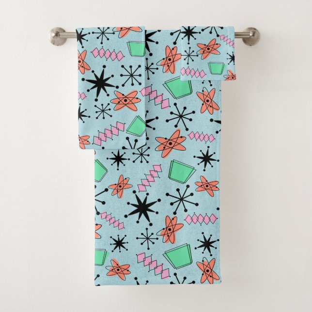 MCM Atomic Blue Orange Pink Green Bath Towel Set (Insitu)