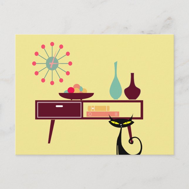 MCM Atomic Era Cat Clock Furniture Postcard (Front)