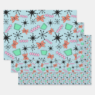 MCM Atomic Pink Green Orange on Blue Mix of Sizes Wrapping Paper Sheet