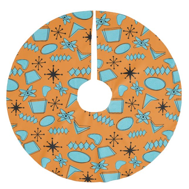 MCM Atomic Shapes Turquoise on Orange Brushed Polyester Tree Skirt (Front)