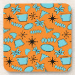 MCM Atomic Shapes Turquoise on Orange Coaster<br><div class="desc">Hand drawn mid century modern shapes and icons digitised to design seamless patterns</div>