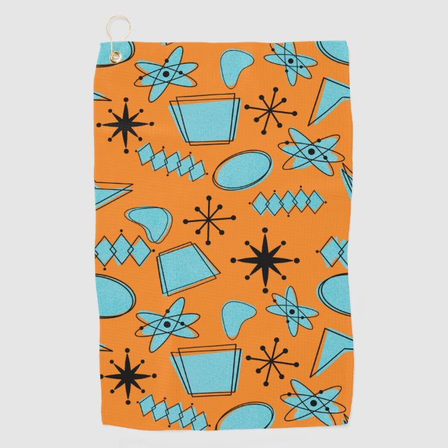 MCM Atomic Shapes Turquoise on Orange Golf Towel (Front)