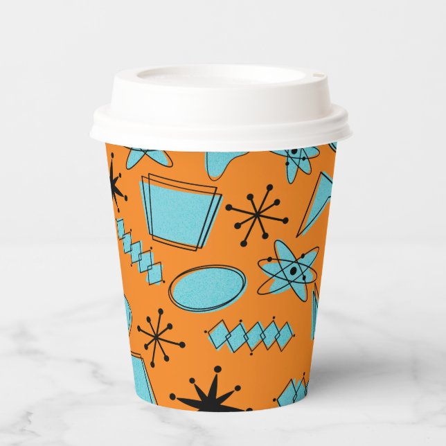 MCM Atomic Shapes Turquoise on Orange Paper Cups (Front)