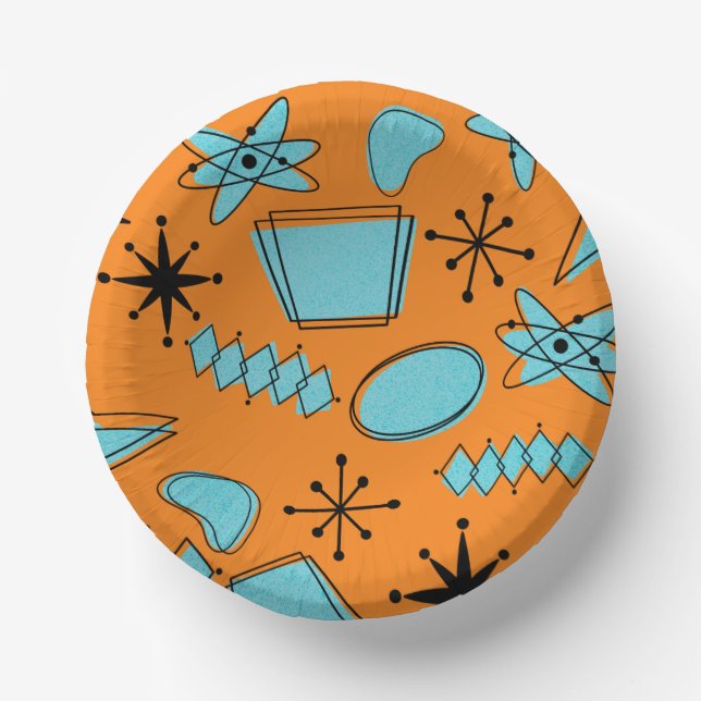 MCM Atomic Shapes Turquoise on Orange Paper Plate (Front)