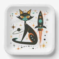 MCM Black Cat Retro Spaceship Stars Planets