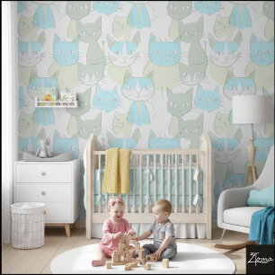 MCM Blue Green Abstract Cat Pattern Wallpaper
