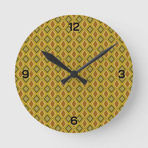 MCM Brown Gold Green Diamond Pattern Round Clock