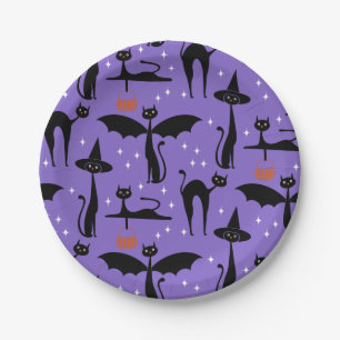 MCM Halloween Fancy Dress Minimalist Cats Purple Paper Plate