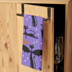 MCM Halloween Fancy Dress Minimalist Cats Purple Tea Towel