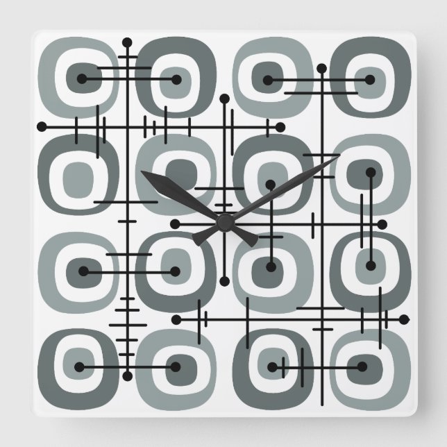 MCM Midcentury Abstract Pattern Grey Square Wall Clock (Front)
