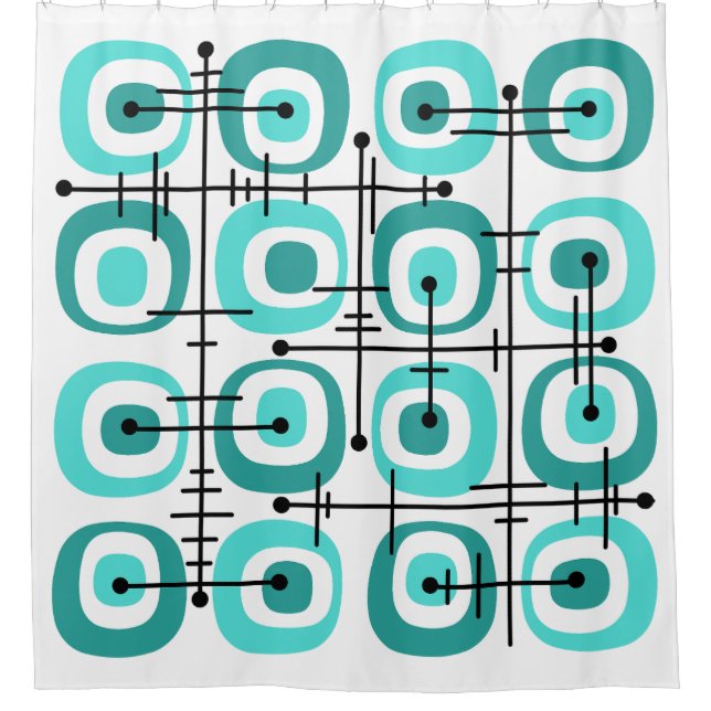 MCM Midcentury Abstract Pattern Turquoise Shower Curtain (Front)