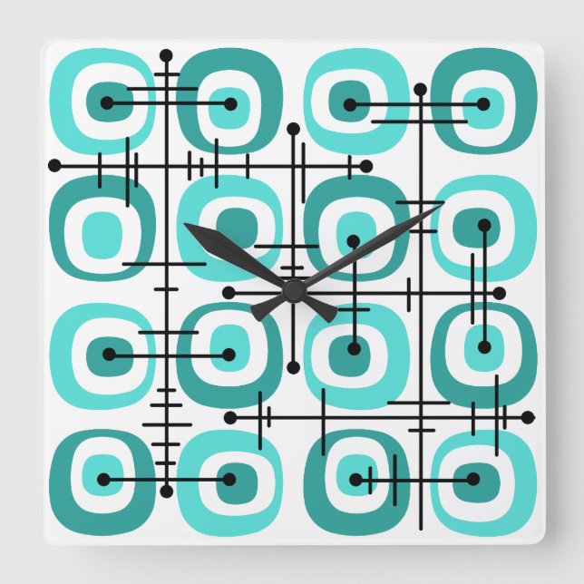 MCM Midcentury Abstract Pattern Turquoise Square Wall Clock (Front)