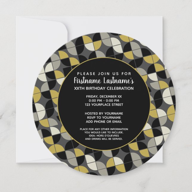 MCM Pattern - funky black and gold Birthday Party Invitation (Front)
