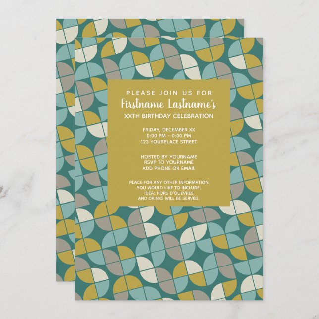 MCM Pattern - funky teal green gold Birthday Party Invitation (Front/Back)
