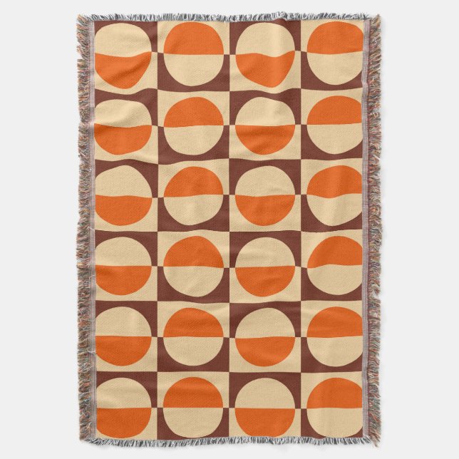 MCM Retro Geometric Half Square and Circle Pattern Throw Blanket (Front Vertical)