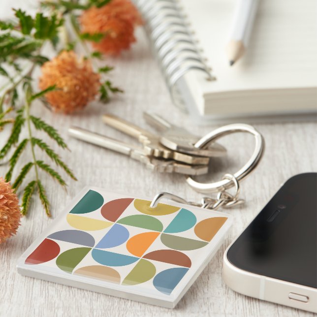 MCM Semicircles Colour on Cream Square Key Ring (Front Right)