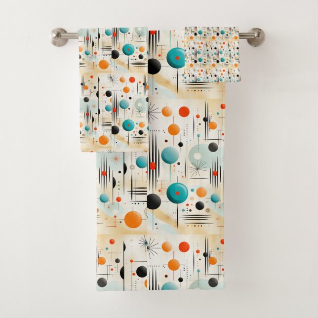 MCM Space Age Retro Pattern Blue Red Yellow Bath Towel Set (Insitu)