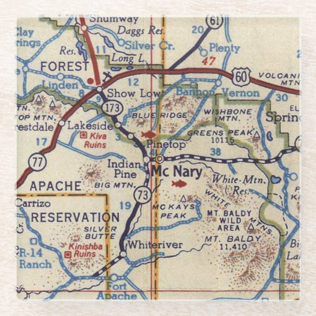 McNary Arizona Vintage Map Glass Coaster (Front)