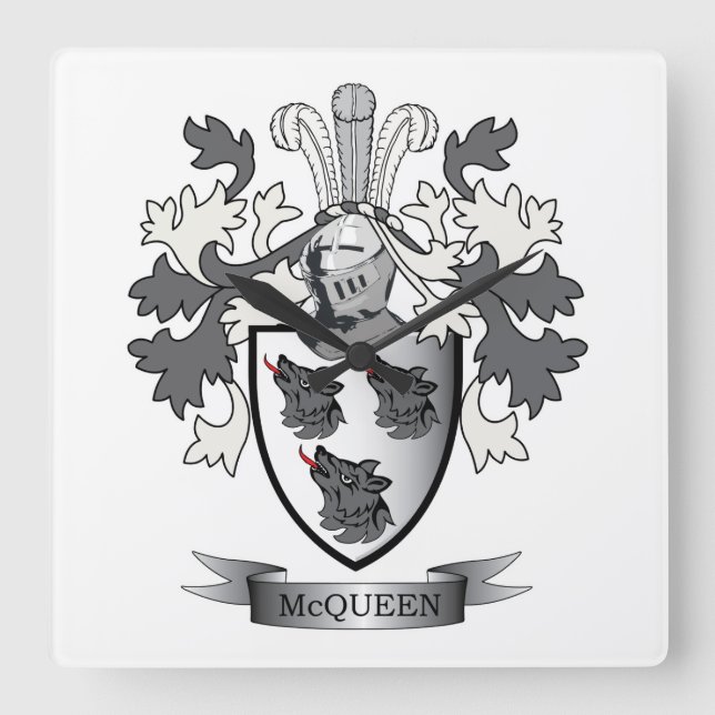McQueen Family Crest Coat of Arms Square Wall Clock (Front)