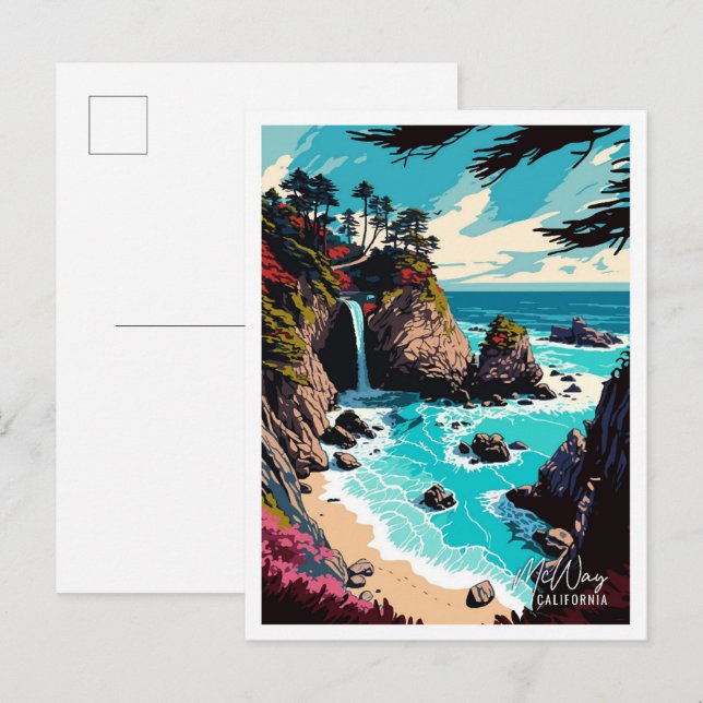 McWay Falls California Vintage Travel Illustration Postcard (Front/Back)