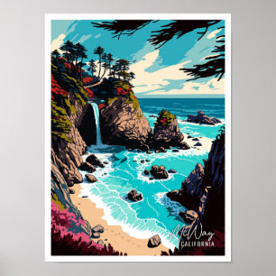McWay Falls California Vintage Travel Illustration Poster