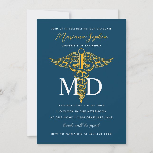 MD Doctor of Medicine Graduation Navy Blue Gold Invitation (Front)
