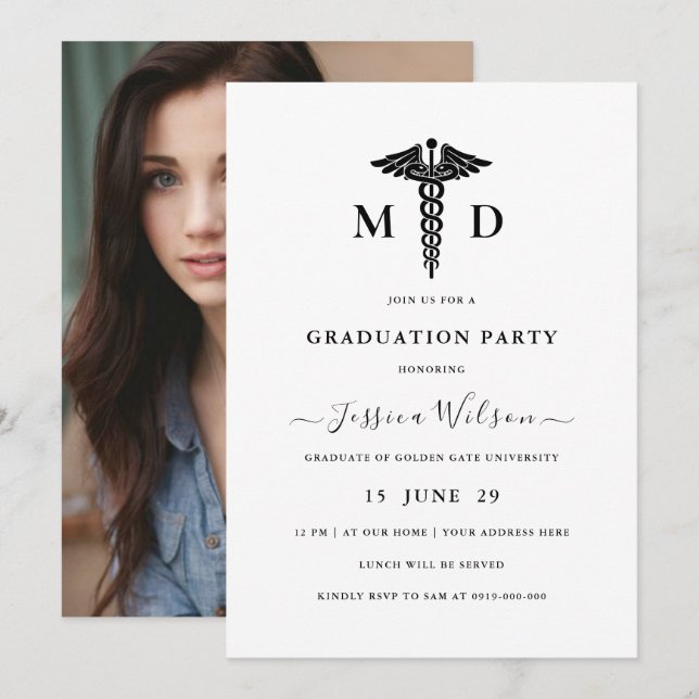 MD RN Caduceus Symbol Graduation Photo Invitation (Front/Back)