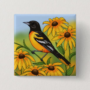 MD State Bird Oriole & Black-eyed Susan Flower 15 Cm Square Badge