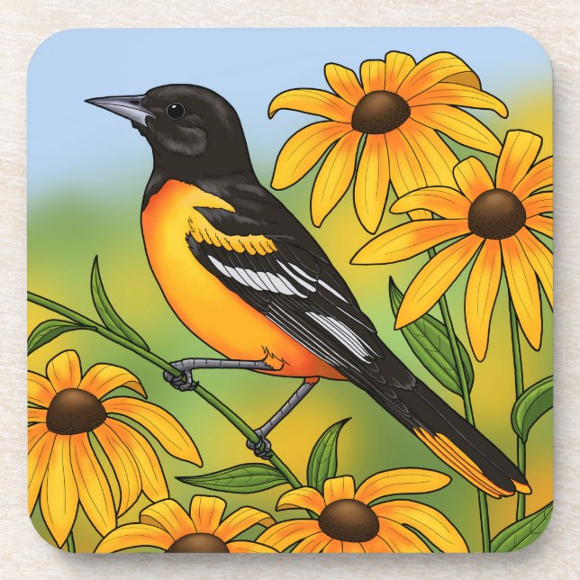 MD State Bird Oriole & Black-eyed Susan Flower Coaster (Front)