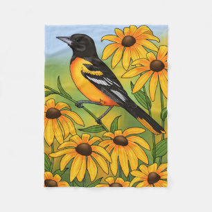 MD State Bird Oriole & Black-eyed Susan Flower Fleece Blanket