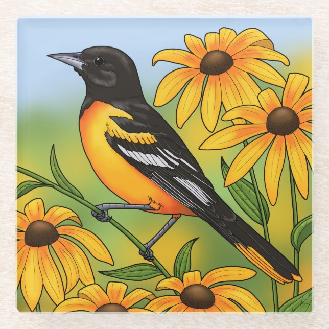 MD State Bird Oriole & Black-eyed Susan Flower Glass Coaster (Front)