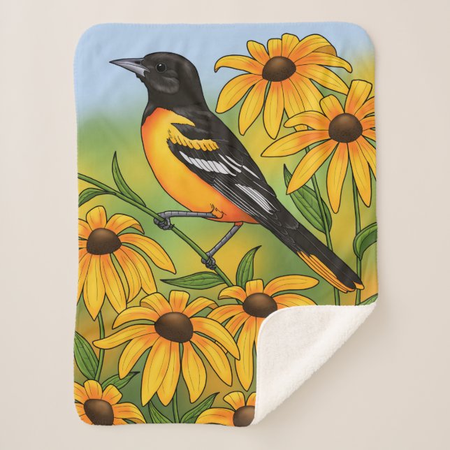 MD State Bird Oriole & Black-eyed Susan Flower Sherpa Blanket (Front)