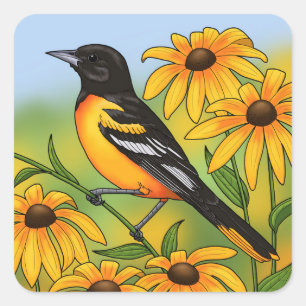 MD State Bird Oriole & Black-eyed Susan Flower Square Sticker