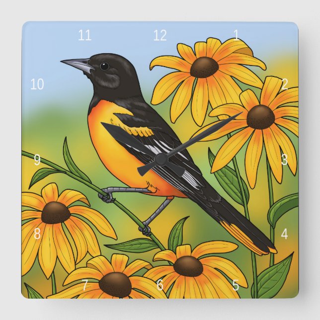 MD State Bird Oriole & Black-eyed Susan Flower Square Wall Clock (Front)