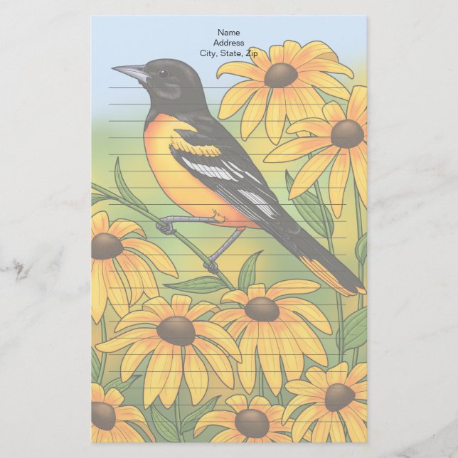 MD State Bird Oriole & Black-eyed Susan Flower Stationery (Front)