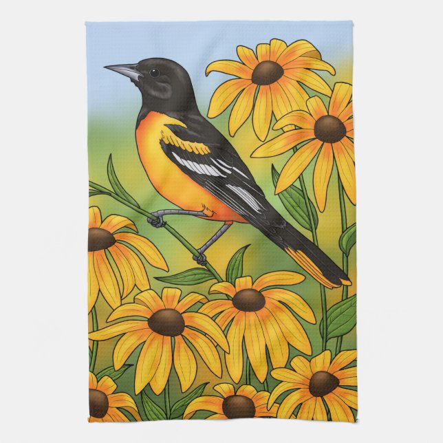 MD State Bird Oriole & Black-eyed Susan Flower Tea Towel (Vertical)