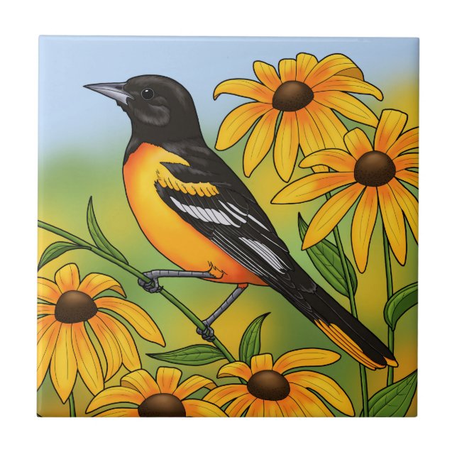 MD State Bird Oriole & Black-eyed Susan Flower Tile (Front)