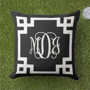 MDJ Black and White Greek Key Script Monogram Cushion