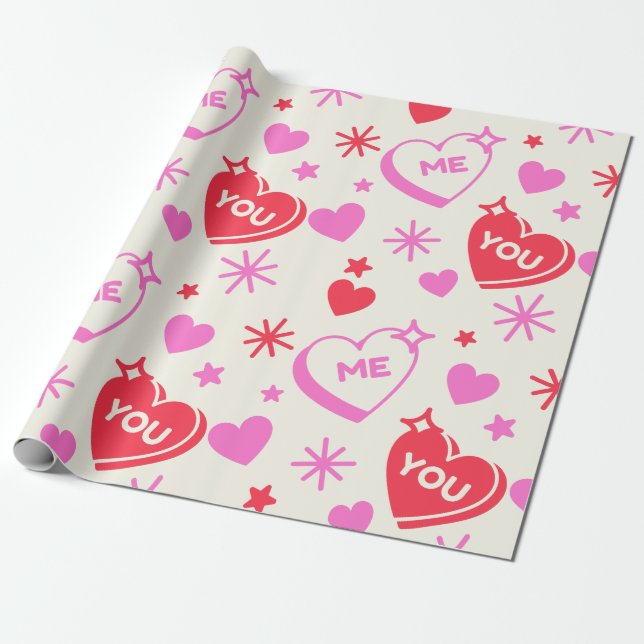 Me and You Romantic Hearts Wrapping Paper  (Unrolled)